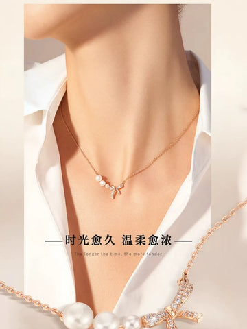Elegant Pearl Bowknot Gold Necklace