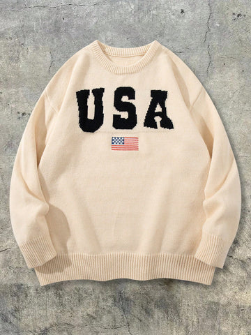 Oversized USA Graphic Knit Pullover Sweater
