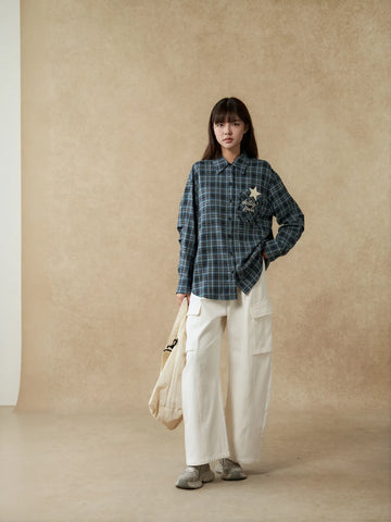 Oversized Plaid Star Embroidered Button Down Shirt