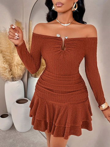 Off Shoulder Ruched Ruffle Mini Dress