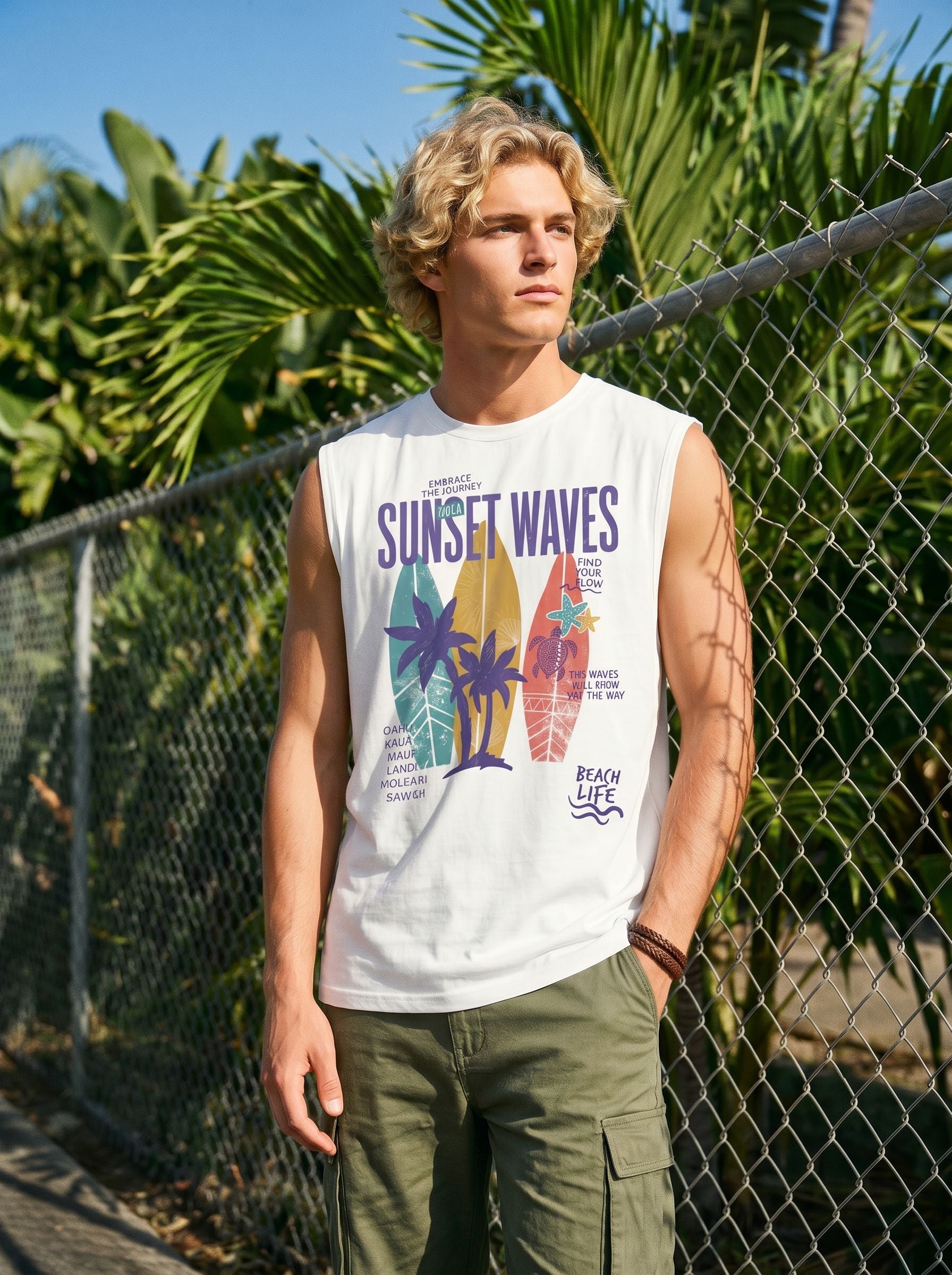 Graphic Sunset Beach Print Muscle Tank