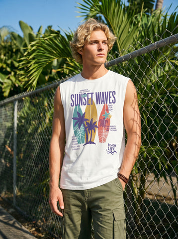 Graphic Sunset Beach Print Muscle Tank