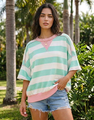 Oversized Striped Contrast Trim T Shirt