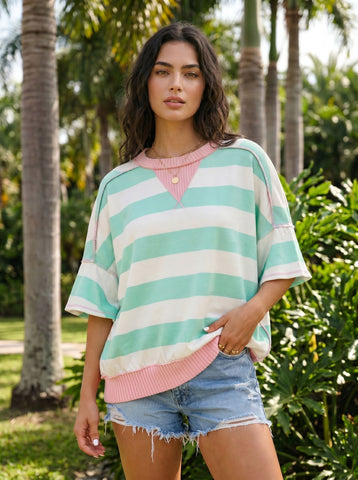 Oversized Striped Contrast Trim T Shirt