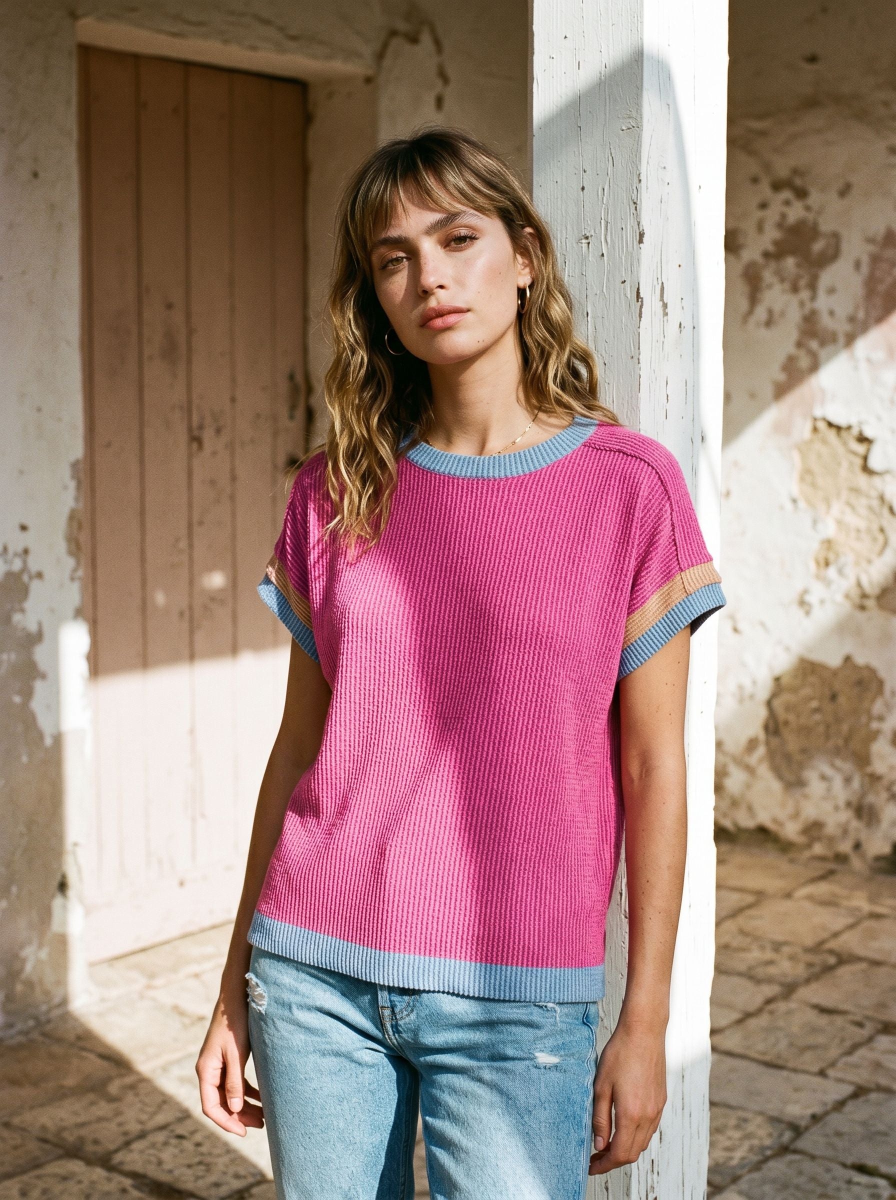 Ribbed Knit Color Block T-Shirt