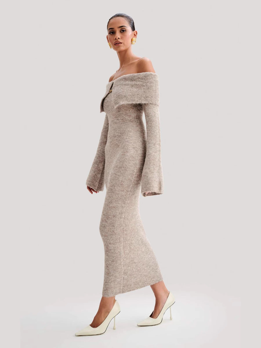 Off Shoulder Ribbed Knit Midi Dress