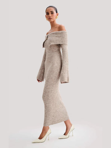 Off Shoulder Ribbed Knit Midi Dress
