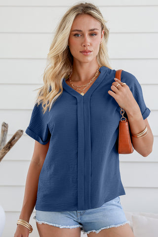 Casual V Neck Pleated Chiffon Blouse