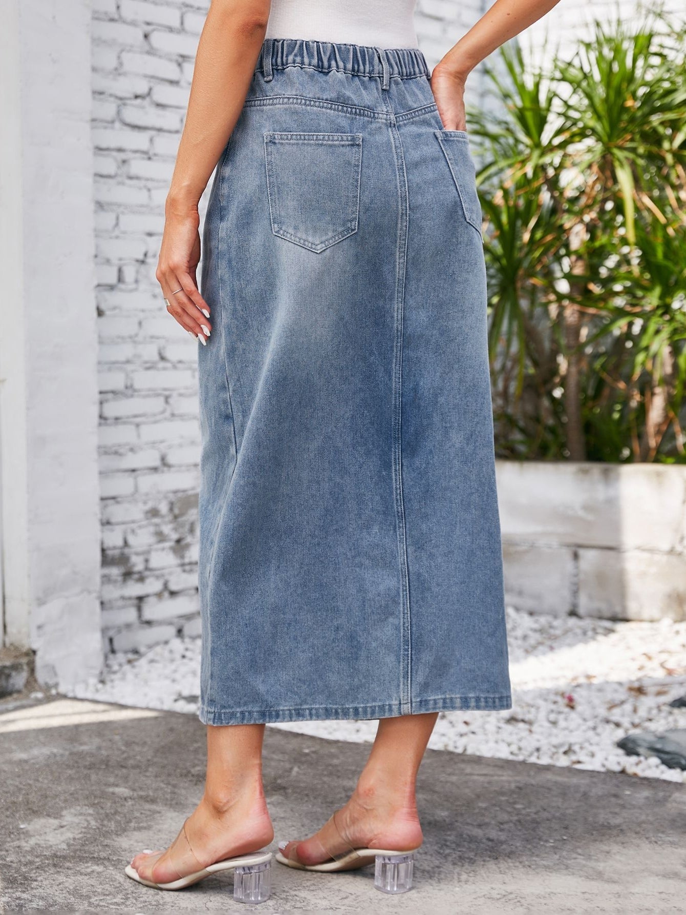 High Waisted Slit Denim Midi Skirt