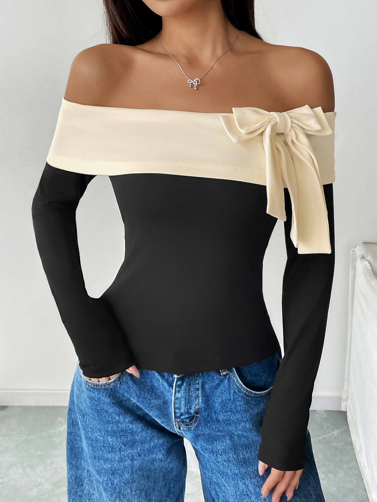 Off Shoulder Bow-Front Flirty T-Shirt