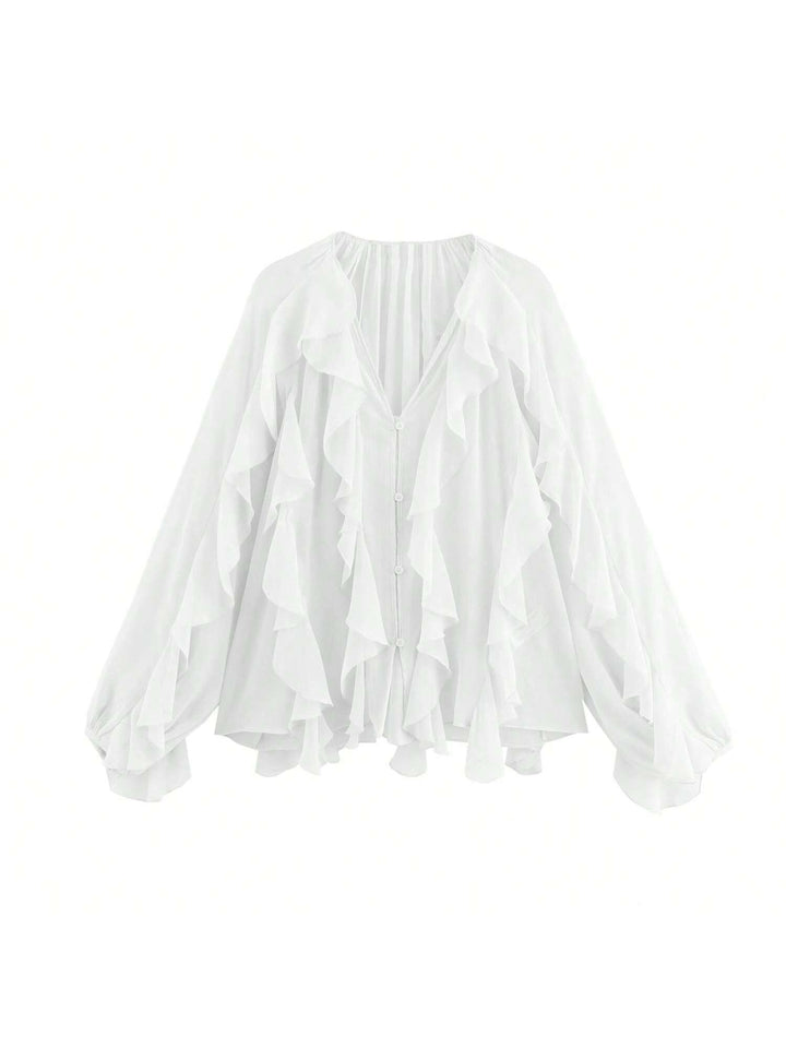 Sheer Ruffle Trim Button Down Blouse
