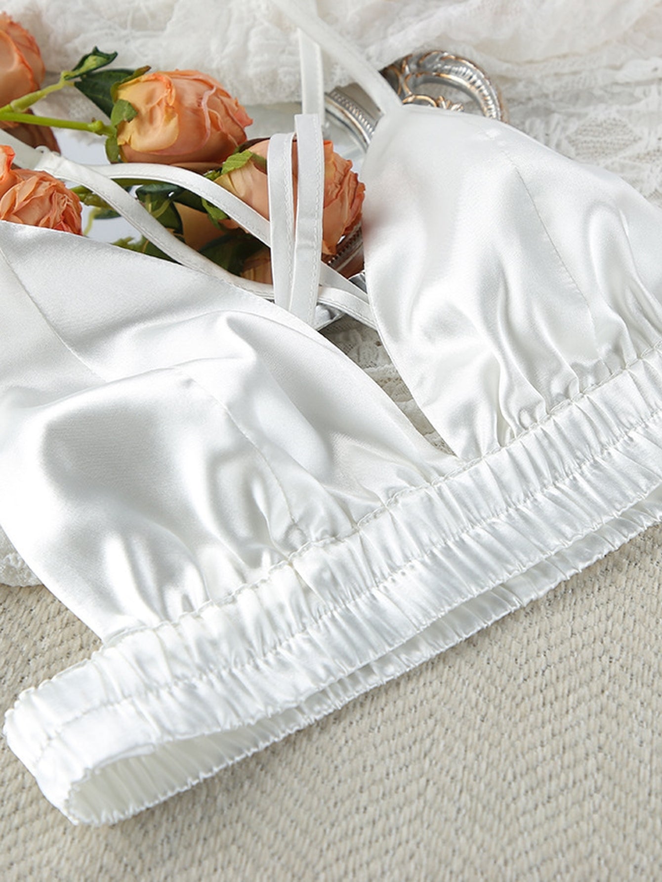 Feather Trim Satin Pajama Set
