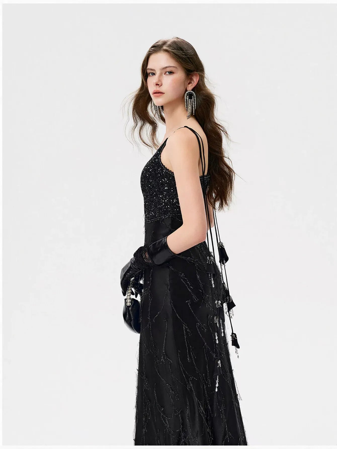 Embellished Satin V Neck Maxi Dress
