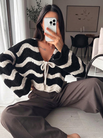 Cropped Striped Tie Front Cardigan