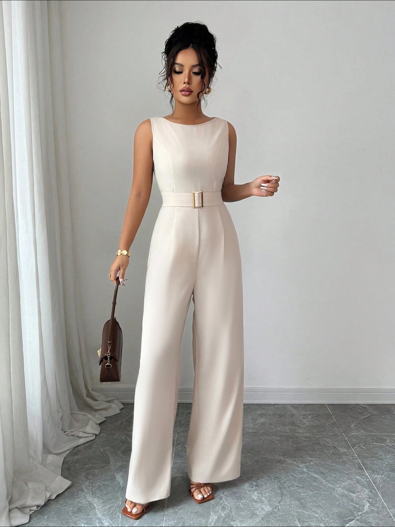 Sleeveless Belted Wide-Leg Modern Jumpsuit-Apricot