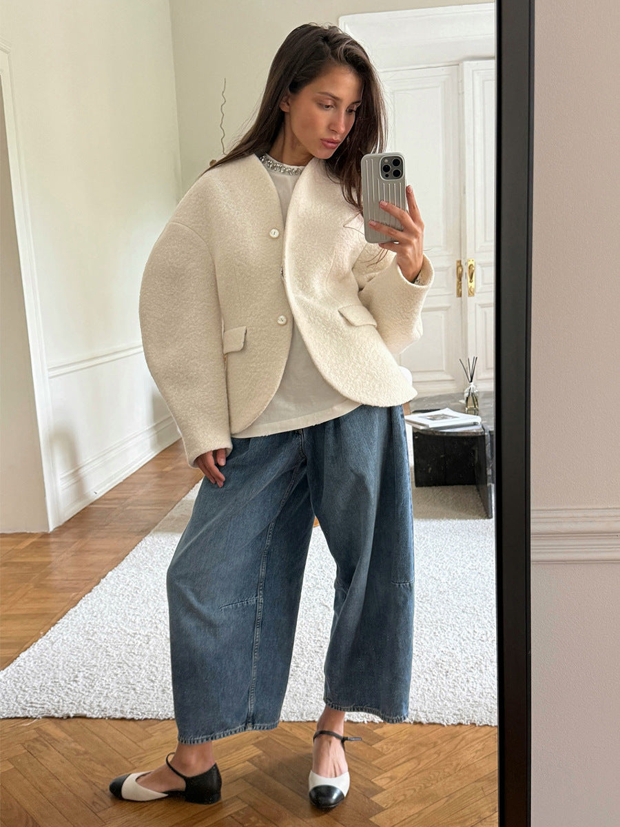 Textured Wool Blend Cropped Coat