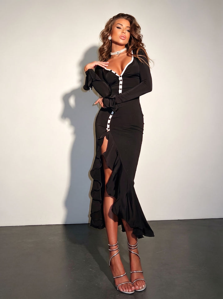 Button Front Ruffle Midi Dress