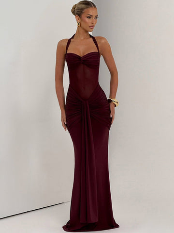 Sexy Halter Mesh Insert Maxi Dress