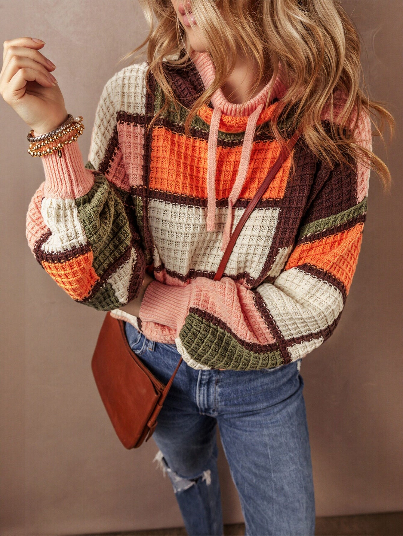 Colorblock Waffle Knit Hooded Sweater