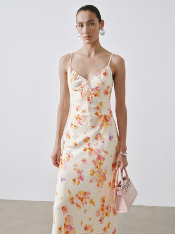 Urban Revivo Floral Printed Strappy Drawstring Skinny-Fit A-Line Midi Dresses