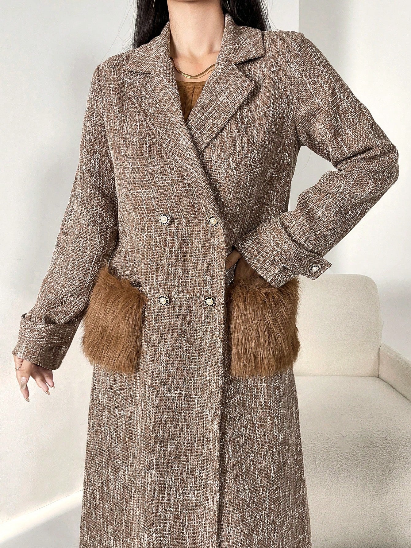Faux Fur Pocket Textured Wool Coat
