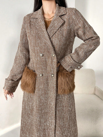 Faux Fur Pocket Textured Wool Coat