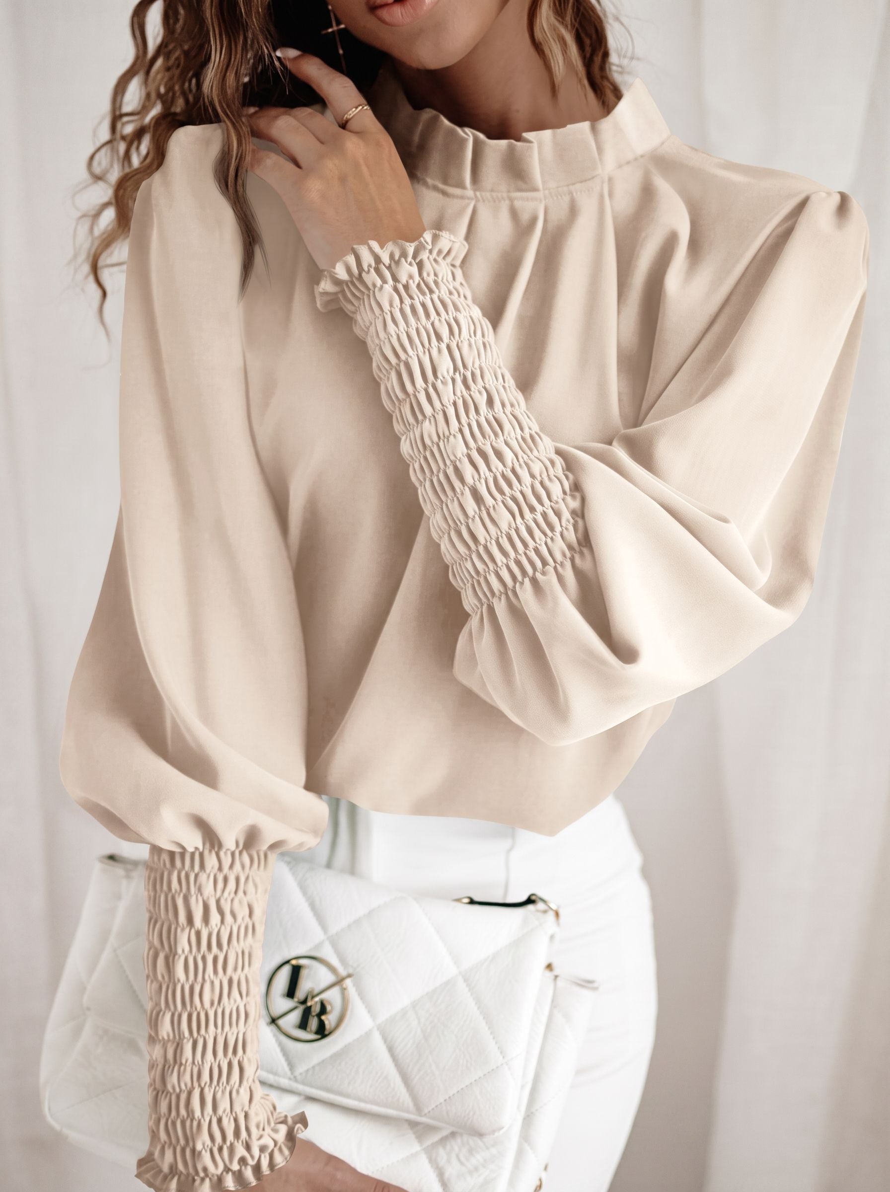 Elegant Pleated Smocked Cuff Blouse