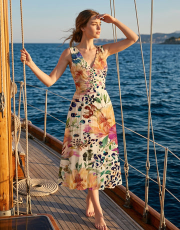 CORINNE
Floral Print V Neck A Line Midi Dress