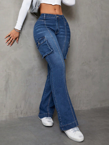High Rise Seamed Cargo Flare Jeans