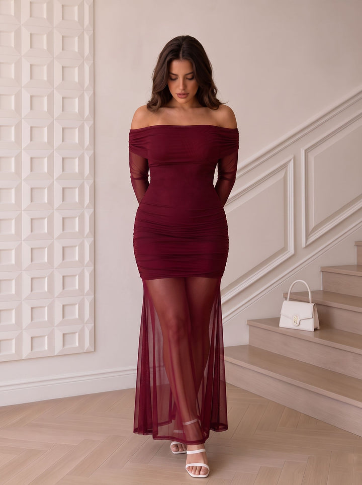 Off Shoulder Mesh Maxi Dress