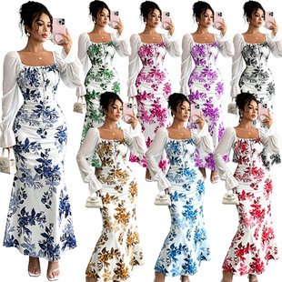 Floral Print Sheer Sleeve Maxi Dress