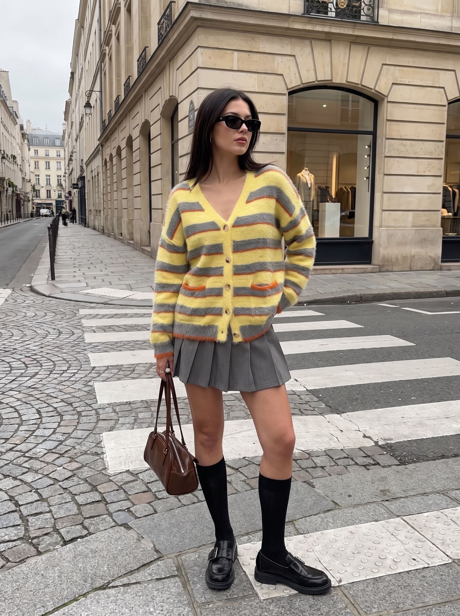 Fuzzy Striped V Neck Cardigan