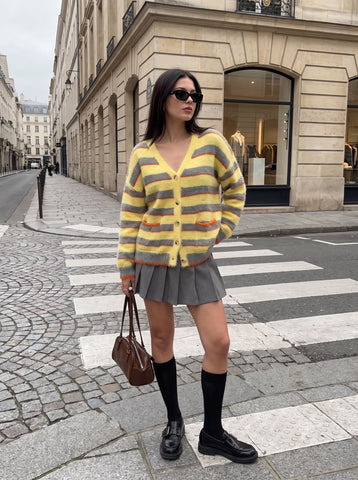 Fuzzy Striped V Neck Cardigan