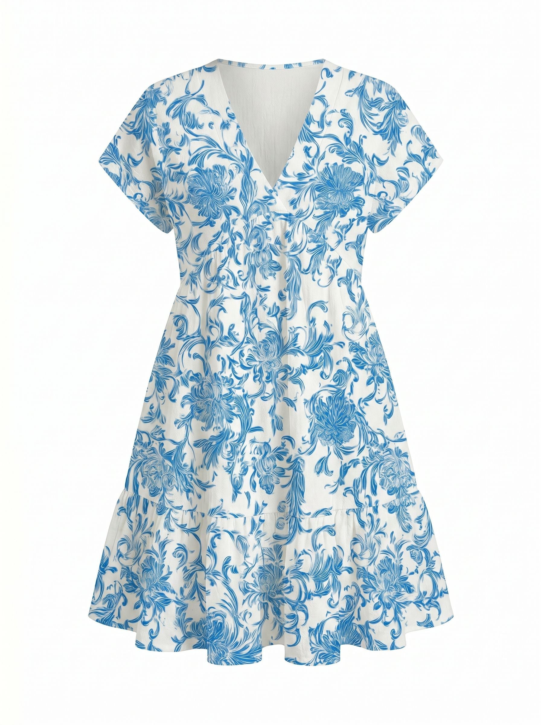 Floral Print V Neck Tiered Babydoll Mini Dress
