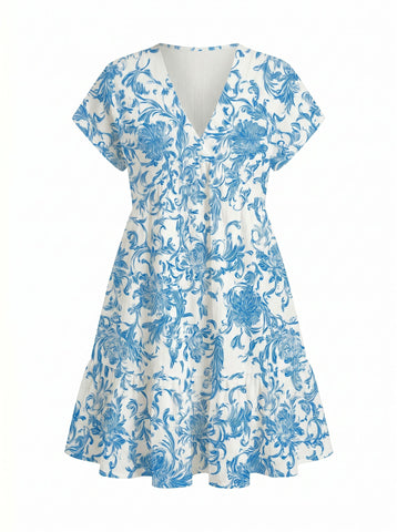 Floral Print V Neck Tiered Babydoll Mini Dress