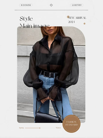 Sheer Balloon Sleeve Button Up Shirt