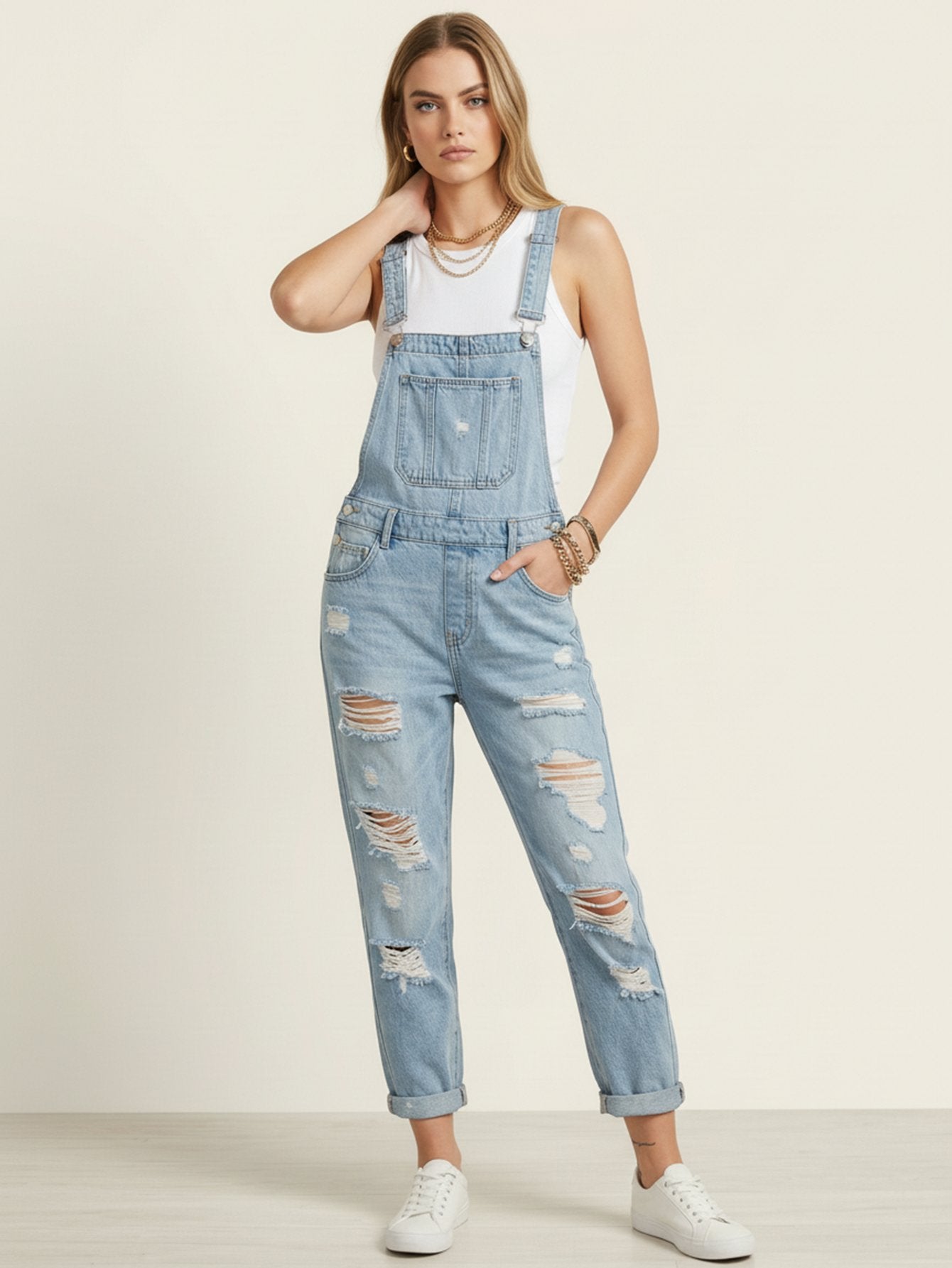 Non Stretch Denim Harem Overalls