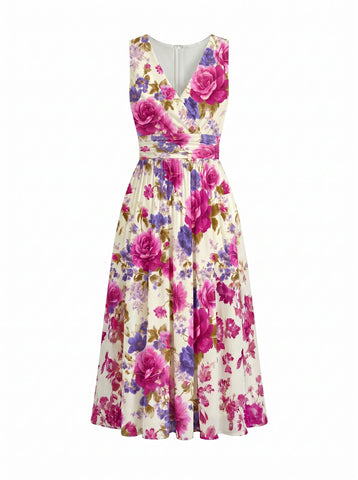 CORINNE
Floral Print V Neck A Line Midi Dress