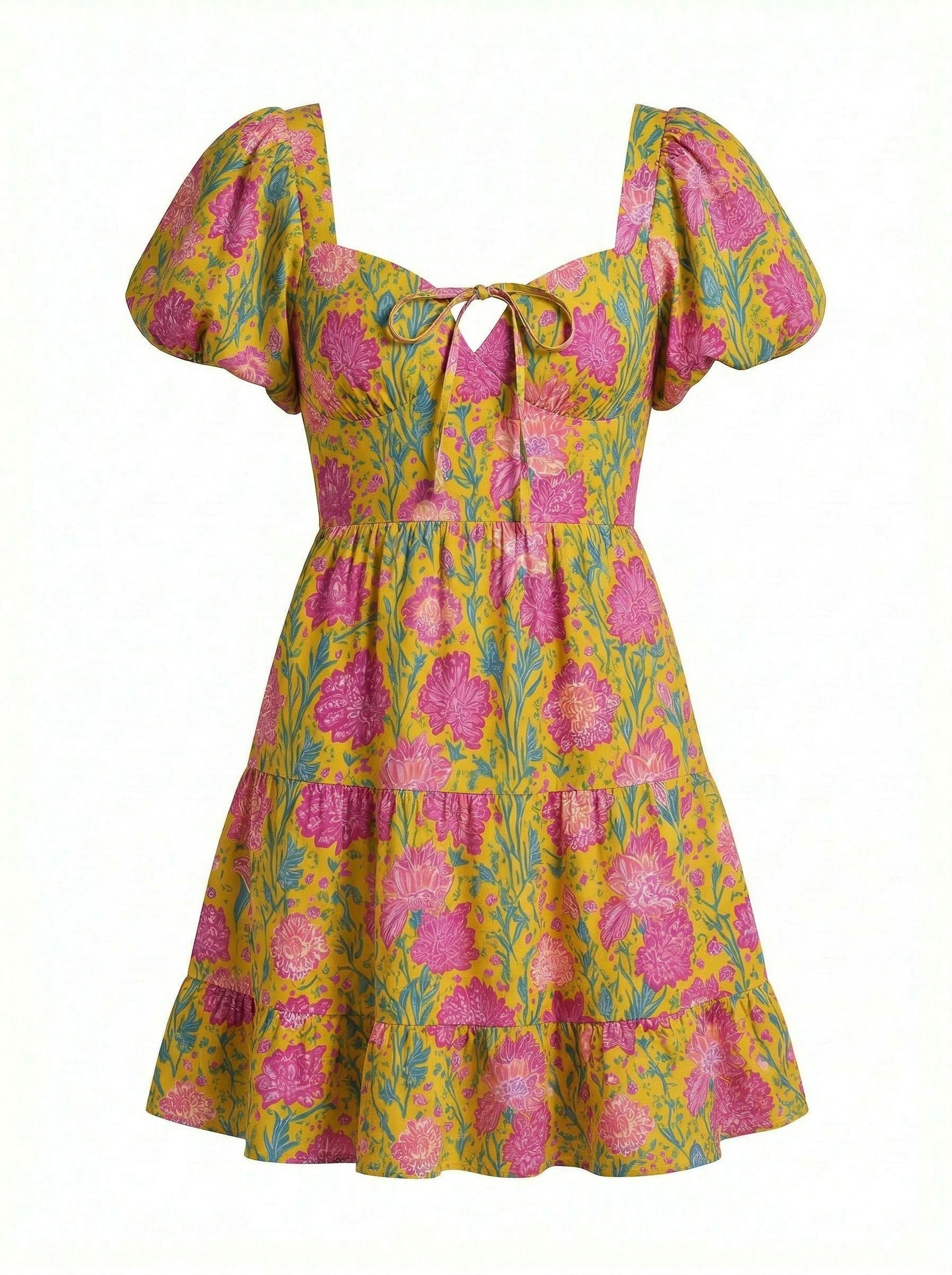 AYLA Floral Print Puff Sleeve Tiered Mini Dress