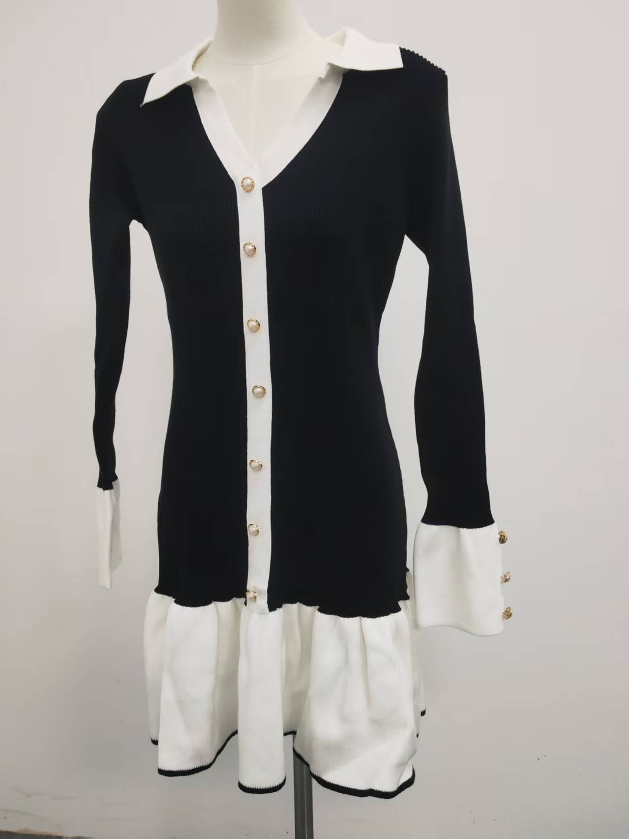 Contrast Button Down Knit Mini Dress