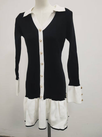Contrast Button Down Knit Mini Dress