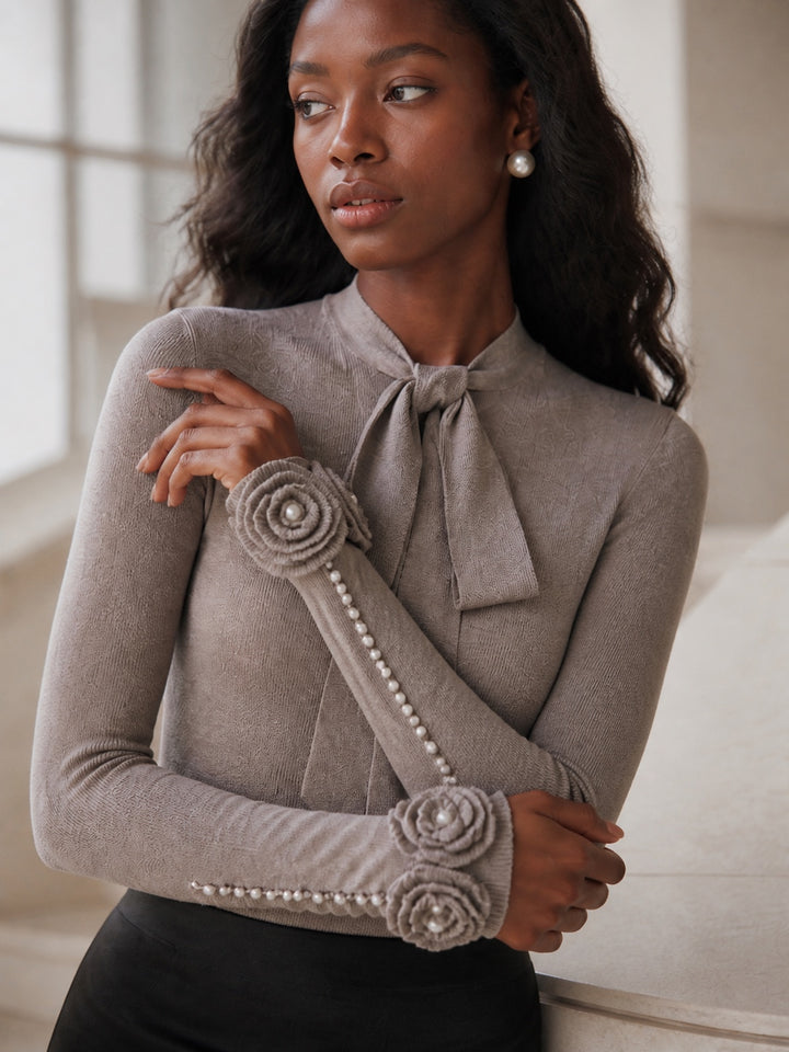 Elegant Floral Embellished Knit Pullover