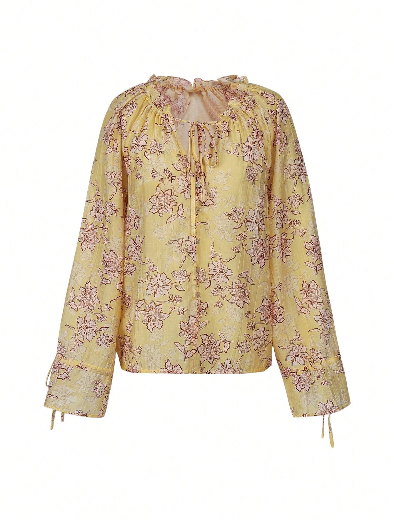 Floral Print V Neck Drawstrin Detail Bohemian Blouse-Yellow