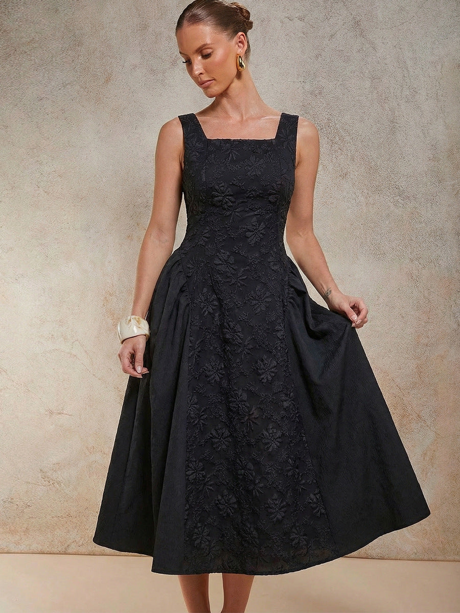 Elegant Embroidered Square Neck Midi Dress