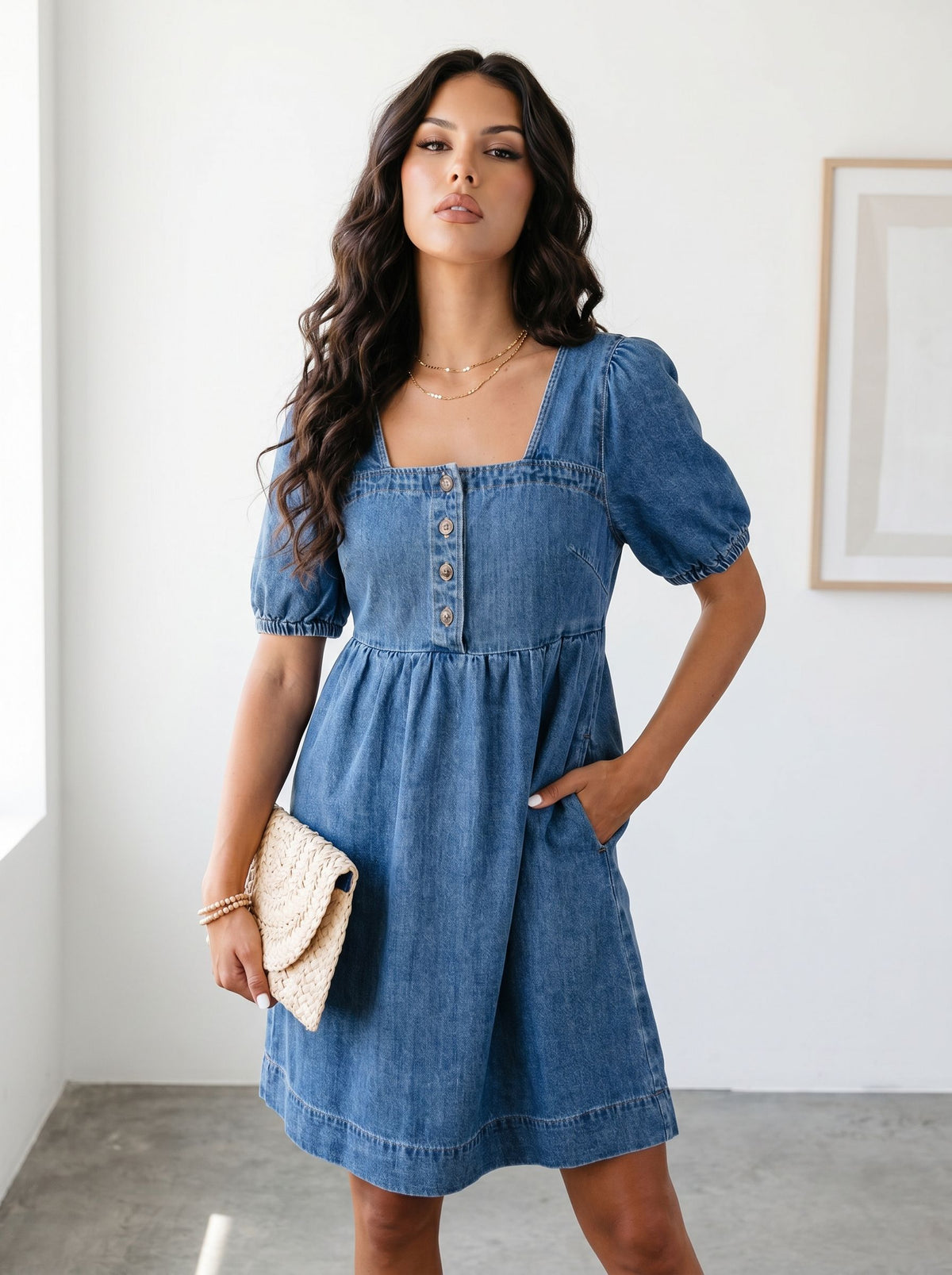 Square Neck Button Denim Dress