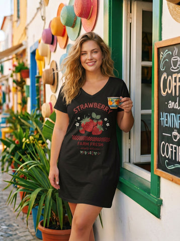 Casual Strawberry Print V Neck Dress