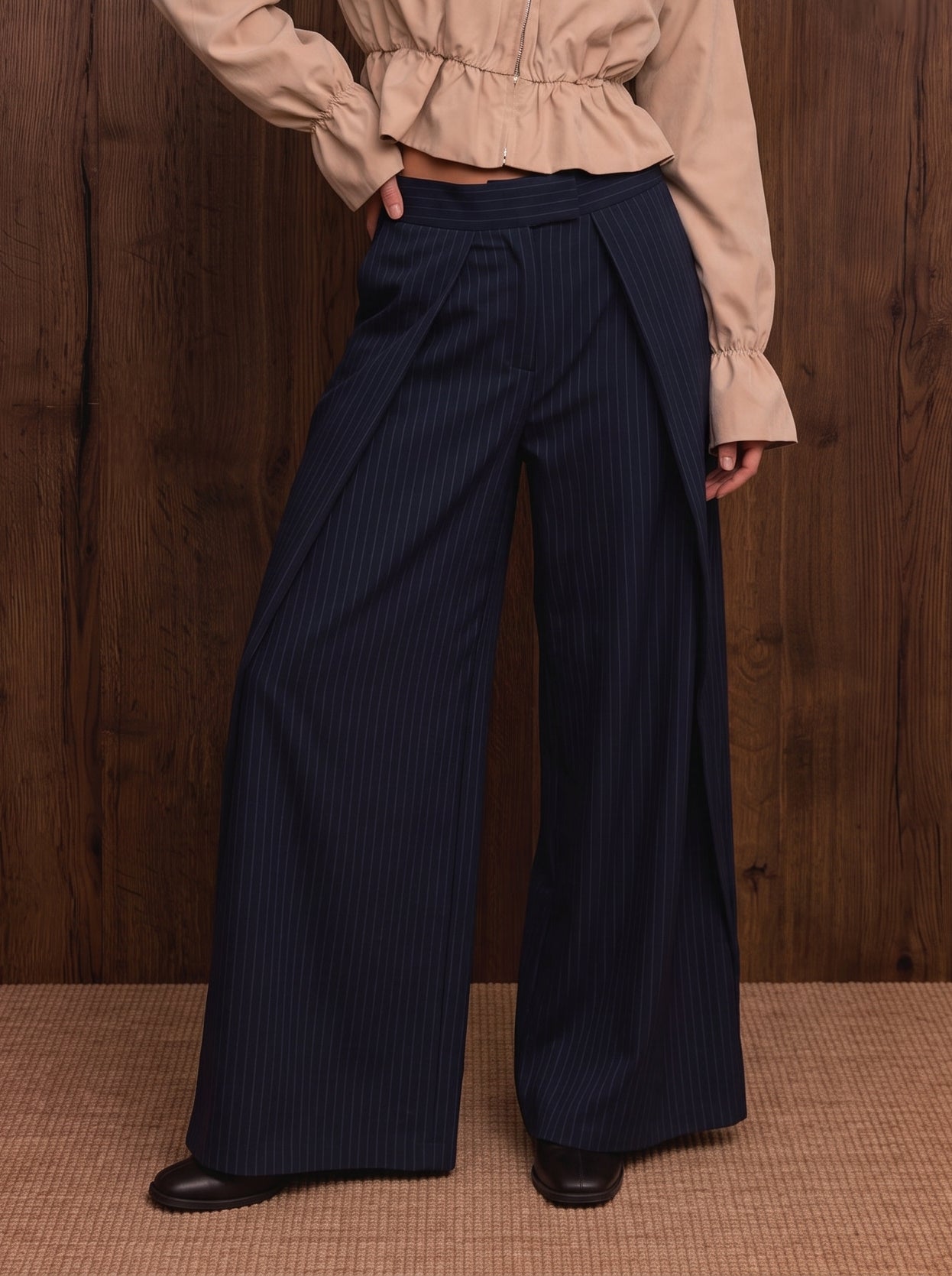 High Waisted Pinstripe Wide Leg Trousers
