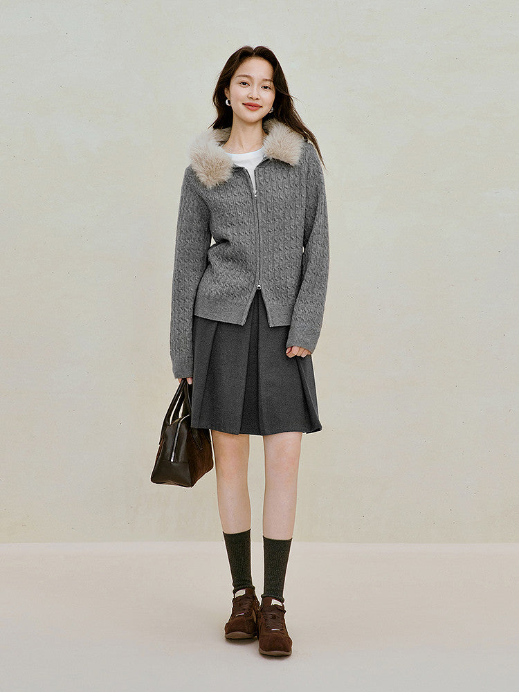Faux Fur Hooded Cable Knit Cardigan