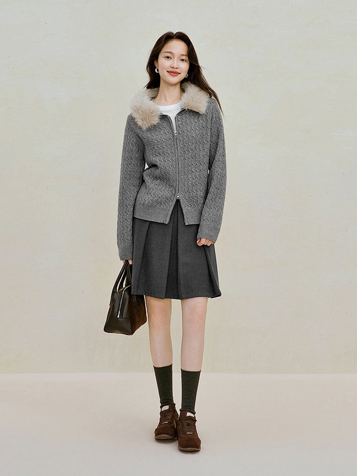 Faux Fur Hooded Cable Knit Cardigan