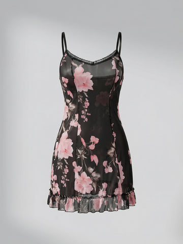 Sheer Floral Lace Sexy Nightgown-Black